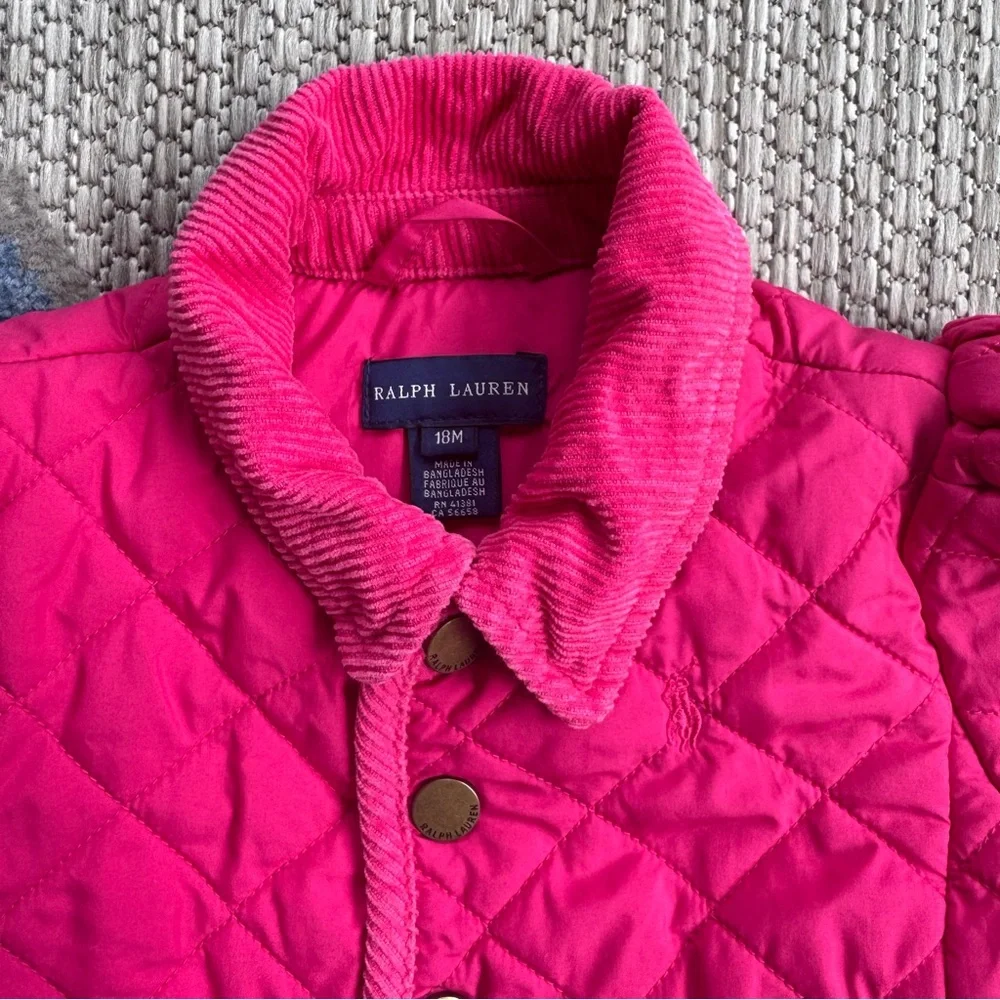 Ralph Lauren Toddler Girl Quilted Pink Barn Jacket Lined Embroidered Pony Sz 18M